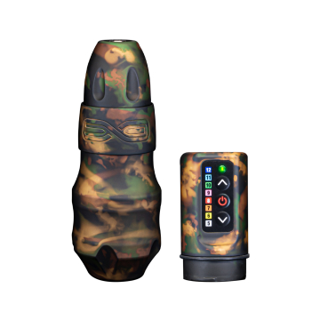 FK Irons EXO tatoveringsmaskine - trådløs Shadow Camo - RCA Bolt + 2x Power Bolts - 4 mm slag